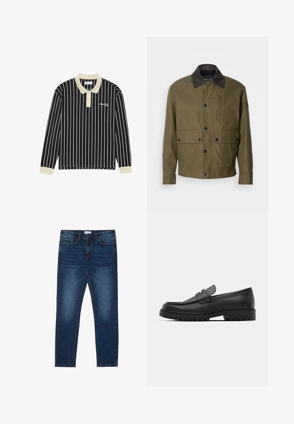 Veste vert olive en tissu texturé, dotée d'un col en velours côtelé marron, de boutons-pression, de deux poches avant et d'une poche zippée sur la poitrine.; Polo à manches longues avec des rayures verticales bleu marine et crème, un col crème, une patte de boutonnage à trois boutons, et un logo brodé sur la poitrine gauche.; Jean slim-fit bleu foncé avec des détails délavés, design classique à cinq poches, fermeture à bouton et passants de ceinture.; Mocassins en cuir noir à bout arrondi, avec un design cousu, une semelle plateforme basse et une semelle en caoutchouc texturée et crantée.