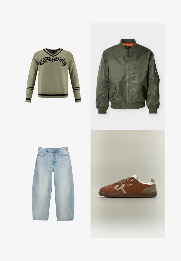 Olivengrøn bomberjakke med lynlås foran, ribbede manchetter og kant, to lommer med trykknap og en lynlåslomme på venstre ærme.; Grøn strikket sweater med et sort grafisk "Ed Hardy" logo, V-hals design og sorte striber på manchetterne og kanten.; Lyseblå jeans med vid benvidde, forlommer, bæltestropper og knaplukning.; Brun ruskindssneaker med hvide detaljer og en beige hæl. Har rund tå, flade snørebånd og logo på siden. Gummisål.