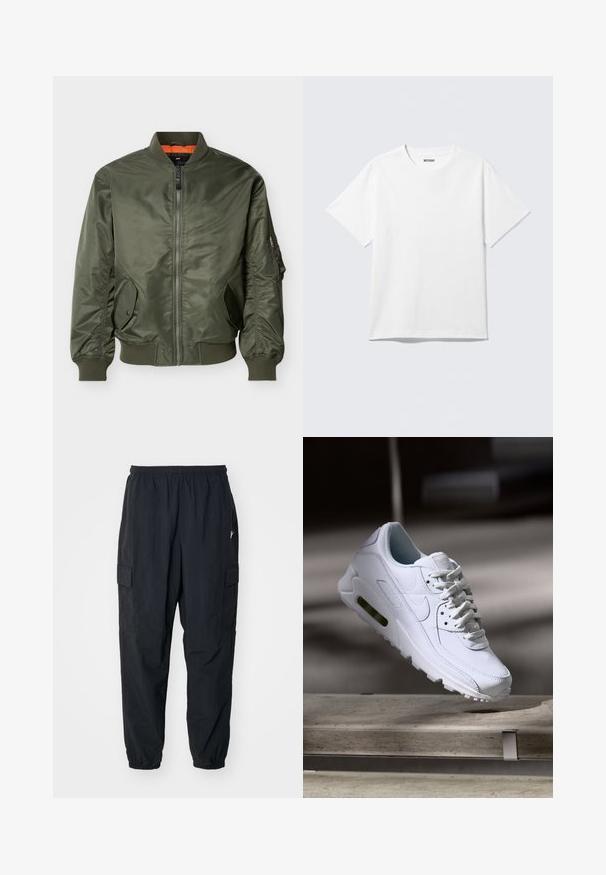 Veste bomber vert olive avec fermeture éclair à l'avant, poignets et ourlet côtelés, deux poches à rabat à bouton-pression, et poche zippée sur la manche gauche.; T-shirt blanc à manches courtes et col rond, étalé à plat, design uni, avec l'étiquette "WEEKDAY" à l'intérieur du col sur un fond clair.; Pantalons cargo noirs en matériau léger, avec une taille élastique, des poches latérales et une coupe décontractée avec des poignets élastiques.; Baskets blanches en cuir avec des surfaces texturées, un col rembourré et un amorti d'air visible dans la semelle. Elles possèdent des lacets et un design minimaliste.