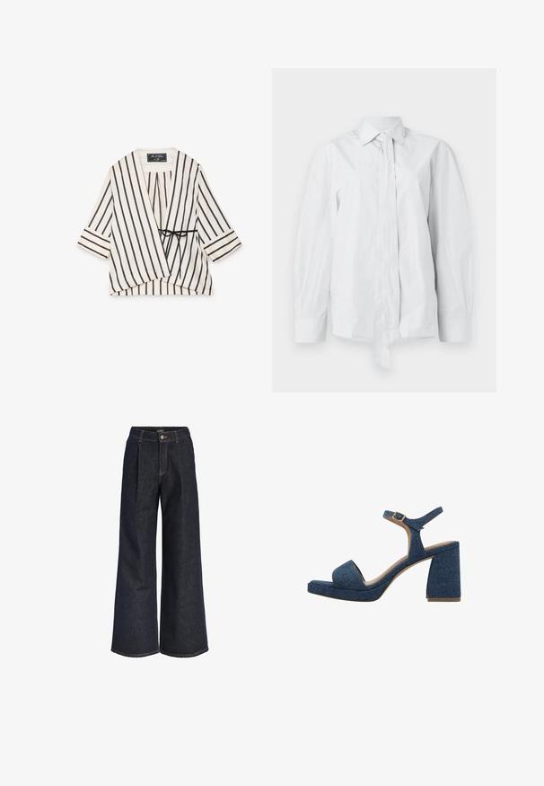 Witte wikkelblouse met verticale zwarte strepen, driekwartmouwen en een zwarte zijstriksluiting.; Wit, lang mouwshirt met een klassieke kraag en een verlengde voorknoop. Gemaakt van een gladde stof, met een ontspannen pasvorm en zonder patronen.; Donkerblauwe denim jeans met wijd uitlopende pijpen, plooien, knoopsluiting en ceintuurlussen, afgebeeld tegen een witte achtergrond.; Denim blokhak sandalen met een enkelband, open teen en een gestructureerde blauwe stof bovenkant. Beschikt over een chunky hak voor stabiliteit.