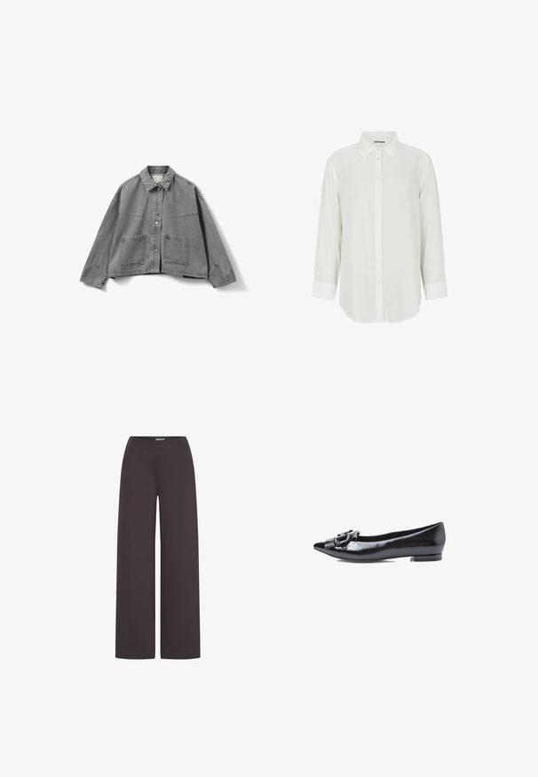 Chaqueta de mezclilla gris recortada con mangas largas, botones a presión en el frente, dos bolsillos de parche delanteros y un cuello clásico sobre fondo blanco.; Blusa blanca de mangas largas con cuello puntiagudo, cierre frontal de botones y puños, hecha de un material suave con una textura ligeramente translúcida.; ICHI IHKATE WIDE PA2 - Pantalones - chocolate torte; Zapato plano de cuero negro con punta afilada, con una hebilla decorativa y detalles de flecos en la parte delantera, tacón rectangular bajo.