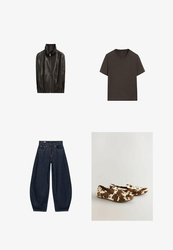 Veste en cuir noire avec fermeture éclair sur le devant, col montant, manches longues, poignets et ourlet élastiques, présentée sur fond blanc.; T-shirt à manches courtes marron foncé en coton. Il possède un col rond et une coupe décontractée, sans motifs ni accents visibles.; Jean en denim bleu foncé à jambes larges avec poches avant, passants de ceinture et fermeture par bouton à la taille.; Mocassins en imprimé vache faits d'un matériau doux avec un motif marron et blanc, dotés d'un design à enfiler et d'une semelle plate en caoutchouc.