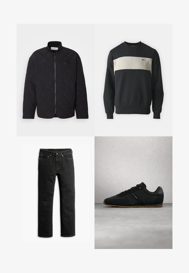 Schwarze gesteppte Jacke mit Stehkragen, Reißverschluss und einem dezenten Logo-Patch. Verfügt über eine strukturierte Oberfläche und diamantförmige Muster.; Schwarzer Sweatshirt mit einem beigen horizontalen Streifen, gerippten Bündchen und Halsauschnitt. Verfügt über ein kleines grünes Logo auf der Brust. Weiches Baumwollmaterial.; Schwarze Jeans im geraden Schnitt mit fünf Taschen, Gürtelschlaufen und einem Knopfverschluss an der Taille, flach auf einem weißen Hintergrund ausgelegt.; Schwarzer Tommy Hilfiger Sneaker mit brauner Sohle, Schnürsenkel gebunden, schwebt über einem grauen Boden in der Nähe einer Glaswand im Innenraum.