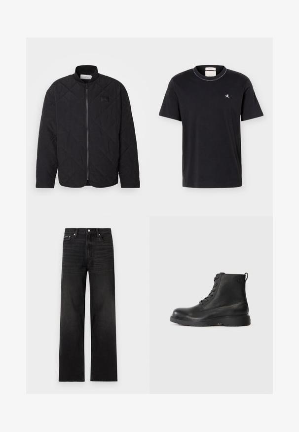 Veste noire matelassée avec col montant, fermeture éclair et un discret patch logo. Présente un fini texturé et des motifs en losange.; T-shirt noir à manches courtes et col rond avec petit logo blanc "cK" sur le côté gauche de la poitrine, coupe classique, design simple.; Jean noir droit avec cinq poches, passants pour ceinture et fermeture par bouton, présenté sur un fond blanc.; Bottine noire en cuir texturé avec un bout rond, un design à lacets, et une solide semelle en caoutchouc noir. Elle est dotée d'une boucle au talon.