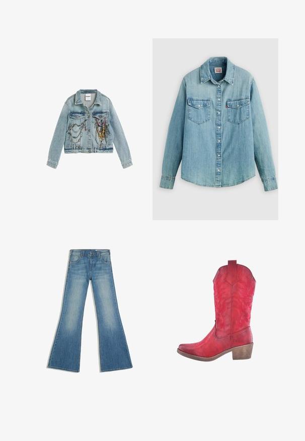 Hellblaue Jeansjacke mit Ketten- und Perlenverzierungen, ausgestattet mit zwei Brusttaschen, Metallknöpfen und einem kurzen Schnitt.; Hellblaues Denimhemd mit klassischem Kragen, vorderer Knopfleiste, zwei Brusttaschen und geknöpften Manschetten sowie einem leicht geschwungenen Saum.; Blaue Denim-Jeans mit ausgestelltem Bein, Vordertaschen und Knopfverschluss, gezeigt vor weißem Hintergrund.; Rote Leder-Cowboystiefel mit kunstvollen geprägten Blumenmustern, spitzer Zehenform und einem gestapelten Holzabsatz. Glatte Textur mit matter Oberfläche.