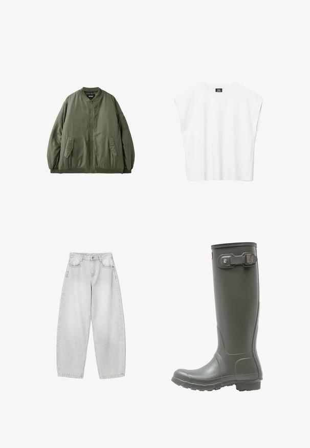 Groene bomberjas met rits, twee voorvakken met klep en een klein ritsvakje op de linkermouw, geribde boorden en zoom, en een ronde kraag.; Witte mouwloze crop top met ronde hals en brede schouders, met een zwart "B6" label aan de binnenkant van de kraag.; Lichtgrijze, wijde jeans van denim, met voorzakken, een knoopsluiting in de taille en een lichte vervaging.; Groene rubberen regenlaarzen tot de knie met een textuur op de zool, ronde neus, verstelbare gesp aan de zijkant en een gladde afwerking.
