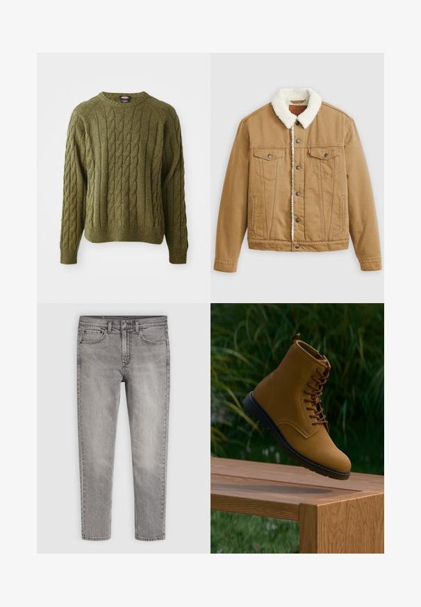 Beige Jeansjacke mit weißem Sherpa-Kragen, zwei Brusttaschen, Seitentaschen und Metallknöpfen. Enthält vertikale Nähdetails.; Grüner Kabelstrickpullover mit Rundhals, strukturiertem Muster, Rippbündchen und Saum, der Farbkleckse im gesamten Stoff aufweist.; Straight-Fit graue Denim-Jeans mit Vorder- und Rückentaschen, Gürtelschlaufen und einem Knopfverschluss auf einfarbigem Hintergrund.; Braune Wildleder-Ankle-Boots mit braunen Schnürsenkeln, einer schwarzen Gummisohle und einer glatten Oberfläche, auf einer Holzfläche vor grüner Pflanzenkulisse präsentiert.