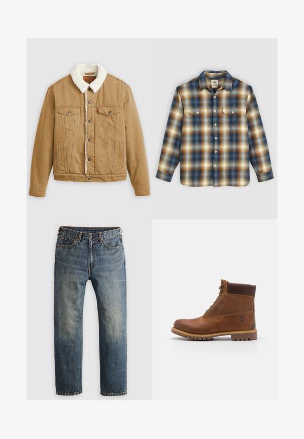 Tan denimjakke med en hvid sherpa-krave, to brystlommer, sidelommer og metalknapper. Har lodrette syningsdetaljer.; Rutet flannel skjorte i blå, brun og creme farver, med to brystlommer, knapper langs fronten og et klassisk kravedesign.; Blå, falmede lige ben denim jeans med forlommer, bæltestropper, knap og lynlås lukning på en lys baggrund.; Brun læder vandrestøvle med en glat finish, polstret ankel, metalliske snørehuller og en gummisål med et robust dækmønster.