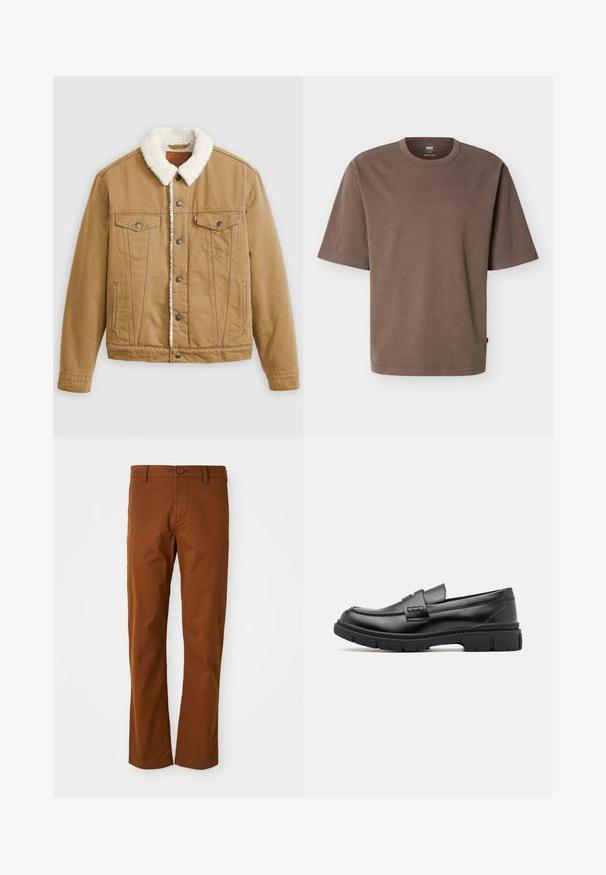 Veste en denim beige avec un col en sherpa blanc, deux poches poitrine, des poches latérales et des boutons en métal. Présente des détails de couture verticaux.; T-shirt ample en coton marron à manches courtes, col rond, avec une petite étiquette rouge Levi's sur la couture latérale.; Pantalon en coton marron à coupe régulière, avec une fermeture à bouton, des passants de ceinture et une coupe droite. Texture lisse sans motifs.; Mocassin en cuir noir avec une large sangle sur le devant, semelle en caoutchouc à épaisse rainure, et texture lisse. Design classique et élégant.
