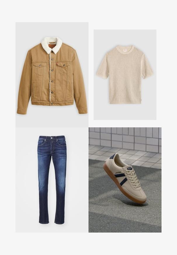 Beige Jeansjacke mit weißem Sherpa-Kragen, zwei Brusttaschen, Seitentaschen und Metallknöpfen. Enthält vertikale Nähdetails.; Beiger kurzärmeliger Strickpullover mit rundem Ausschnitt und strukturiertem offenem Strickmuster, flach auf hellem Hintergrund liegend.; Dunkelblaue Jeans aus Denim mit geradem Schnitt, ausgestattet mit fünf Taschen, einem Knopfverschluss und sanften Verwaschungen entlang der Oberschenkel.; Beige Sneaker mit strukturierter Oberfläche, dunkelblauen Streifen und Gummisohle. Verfügt über eine gepolsterte Zunge und ein traditionelles Schnürsystem für einen sicheren Sitz.