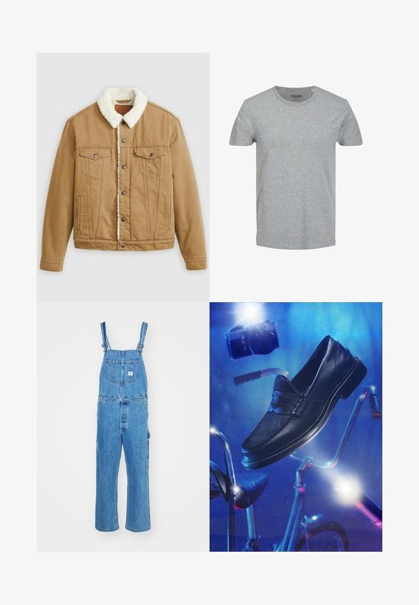 Tan denimjacket met een witte sherpa-kraag, twee borstzakken, zijzakken en metalen knopen. Heeft verticale stikseldetails.; Grijze T-shirt met korte mouwen, gemaakt van zachte katoen. Kenmerkt zich door een klassieke ronde halslijn en een reguliere pasvorm. Eenvoudig ontwerp zonder patronen of accenten.; Denim salopette met verstelbare schouderbanden, wijde pijpen en een voorzak met een label. Lichtblauwe kleur met een gestructureerde afwerking.; Zwarte leren loafer met bontdetail die zweeft boven een vintage fiets met een camera die hangt in blauw getint licht.