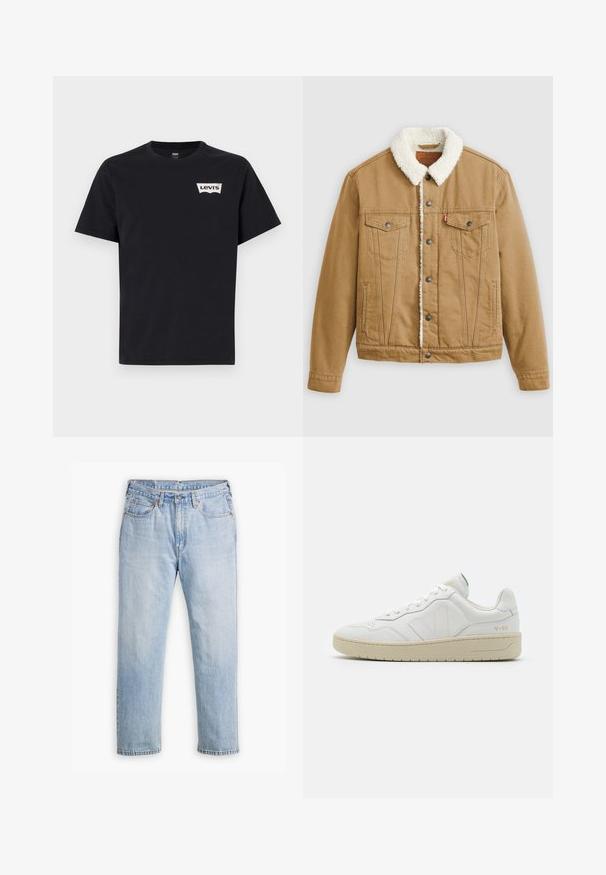 Beige Jeansjacke mit weißem Sherpa-Kragen, zwei Brusttaschen, Seitentaschen und Metallknöpfen. Enthält vertikale Nähdetails.; Schwarzes Baumwoll-T-Shirt mit kurzen Ärmeln, Rundhalsausschnitt und einem kleinen weißen Levi's-Logo auf der linken Vorderseite.; Helle blaue Denim-Jeans mit geradem Bein, im Fünf-Taschen-Stil und kontrastierenden Nähten. Knopf- und Reißverschluss an der Taille.; Weiße Leder-Sneaker mit strukturierter Oberfläche und gepolstertem Kragen. Sie verfügen über eine beigen Gummisohle und dezente Markenkennzeichnung an der Ferse und an der Seite.