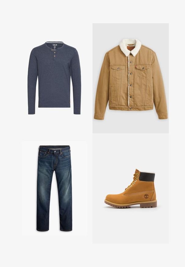 Chaqueta de mezclilla marrón con un cuello de sherpa blanco, dos bolsillos en el pecho, bolsillos laterales y botones de metal. Presenta detalles de costura vertical.; Solid SDVOLKO - Camiseta de manga larga - mottled blue; Jeans de mezclilla azul oscuro con ligero desvanecimiento en los muslos, diseño de cinco bolsillos, cierre de botón y costuras naranjas visibles sobre un fondo blanco.; Botín de cuero marrón con ojales de metal, forro de piel sintética blanca, cuello acolchado negro, suela resistente y logotipo en relieve en el costado.