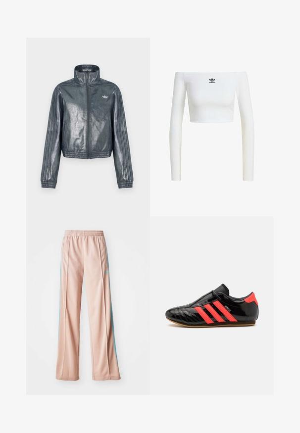 Metallisch grijze jas met ritssluiting, hoge kraag, geribbelde manchetten en drie strepen op de mouwen. Heeft een klein embleem op de borst.; Witte off-shoulder crop top van ribstof, met lange mouwen en een klein zwart Adidas-logo aan de voorkant.; Lichtroze sportbroek met een ontspannen pasvorm, voorzien van blauwe zijstrepen en een trekkoord in de taille. Gemaakt van soepel, lichtgewicht materiaal.; Zwarte sportschoenen met drie horizontale roze strepen, slank ontwerp, gladde lakleren bovenkant, rubberen zool, textuurdetails in de stiksels.