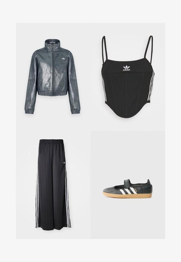 Metallisch grijze jas met ritssluiting, hoge kraag, geribbelde manchetten en drie strepen op de mouwen. Heeft een klein embleem op de borst.; Zwarte geribbelde crop top met verstelbare dunne bandjes, voorzien van drie witte strepen aan de zijkanten en een klein wit Adidas-logo in het midden.; Zwarte wijde broek met verticale witte strepen, elastische tailleband en drie witte strepen aan de zijkant. Adidas-logo aan de voorkant.; Zwarte leren en suède sneaker met een klittenbandsluiting, voorzien van drie witte strepen en een gumzool, met de naam "SAMBA" aan de zijkant.