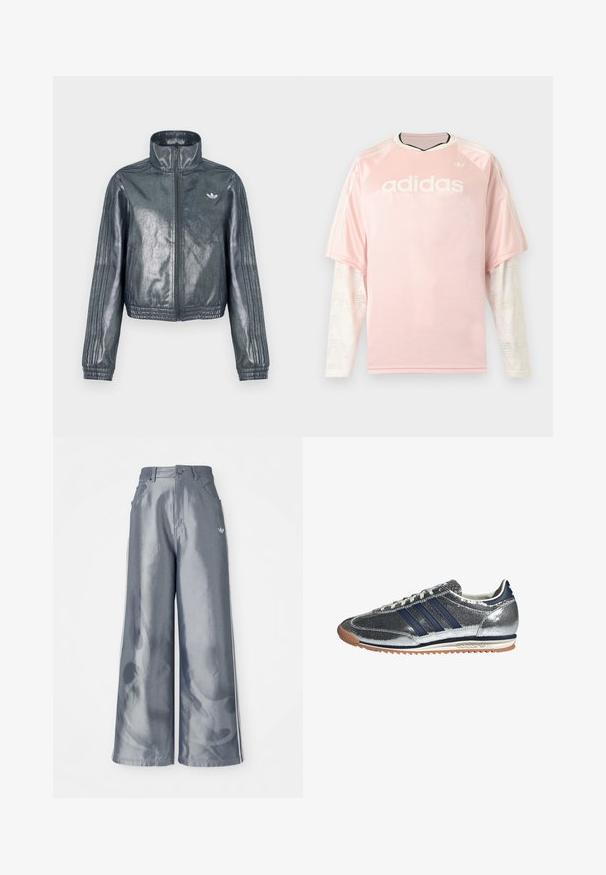 Metallisch grijze jas met ritssluiting, hoge kraag, geribbelde manchetten en drie strepen op de mouwen. Heeft een klein embleem op de borst.; Lichtroze Adidas longsleeve met witte, patroonrijke meshmouwen en Adidas-logo op de borst tegen een grijze achtergrond.; Zijde-brede broek van glanzend grijs materiaal, met witte zijstreep en een vlampatroon op de onderbenen. Knopen- en ritssluiting in de taille.; Zilveren synthetische sneaker met marineblauwe strepen, ronde neus, witte voering en gumzool. Heeft een gestructureerde bovenkant en vetersluiting.