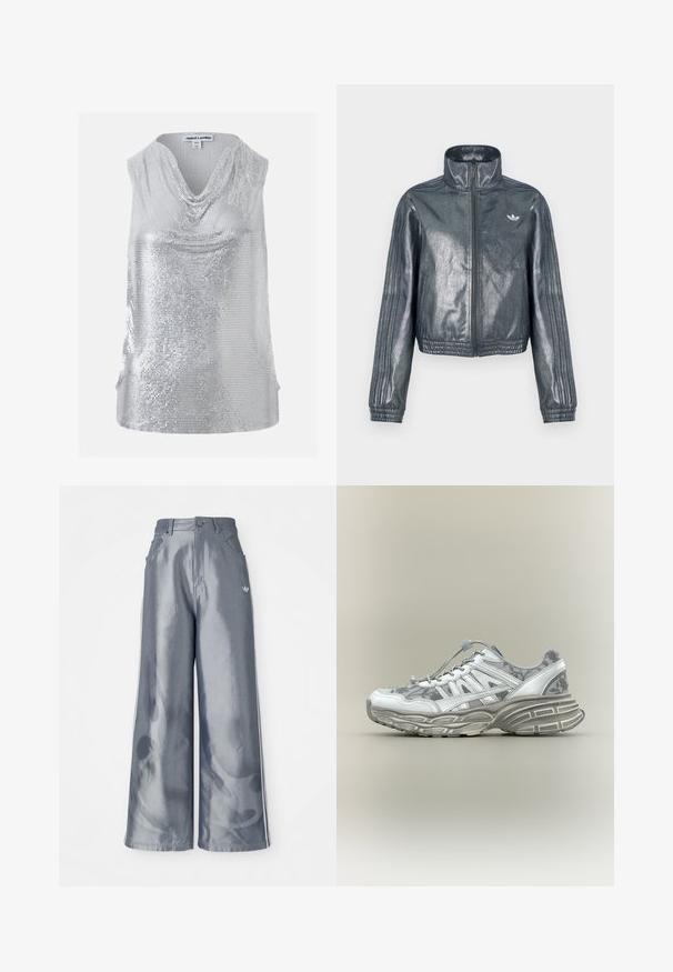 Veste zippée gris métallique avec col haut, poignets côtelés et trois bandes sur les manches. Présente un petit emblème sur la poitrine.; Top sans manches argenté à sequins avec un col bénitier drapé, taille XS/S, marque Jaded London.; Pantalons à jambes larges en matériau gris brillant, présentant des bandes latérales blanches et un motif de flammes sur les jambes inférieures. Fermeture à bouton et à zip à la taille.; Baskets athlétiques blanches et grises avec motif floral, semelle épaisse texturée et fermeture à lacet élastique avec tirette, sur fond neutre.