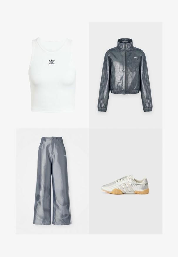 Metallisch grijze jas met ritssluiting, hoge kraag, geribbelde manchetten en drie strepen op de mouwen. Heeft een klein embleem op de borst.; Witte katoenen tanktop met een aansluitende ribbelstructuur, ronde halslijn en geborduurd zwart Adidas-logo op de voorkant.; Zijde-brede broek van glanzend grijs materiaal, met witte zijstreep en een vlampatroon op de onderbenen. Knopen- en ritssluiting in de taille.; Zilveren sportschoen met een glad leren bovenwerk, rubberen zool en gestructureerde accenten. Heeft een gebogen ontwerp en tonale veters.