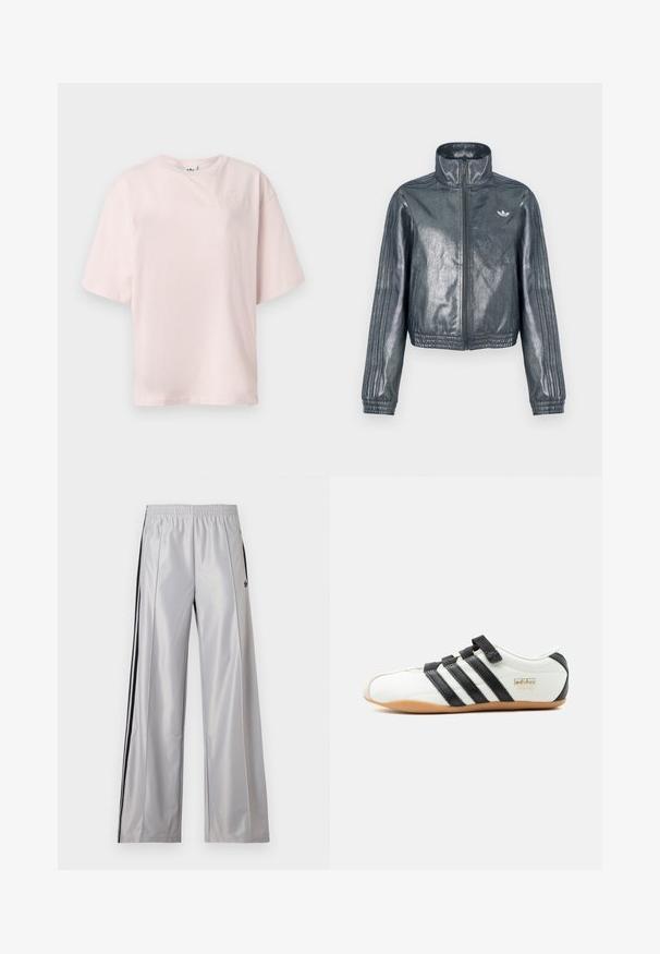Metallisch grijze jas met ritssluiting, hoge kraag, geribbelde manchetten en drie strepen op de mouwen. Heeft een klein embleem op de borst.; Lichtroze T-shirt met korte mouwen, ronde hals en subtiel geborduurd Adidas-logo op de linker bovenborst.; Lichtgrijze Adidas trainingsbroek met een elastische tailleband, zwarte strepen aan de zijkant en een klein zwart Adidas-logo op de linker dij.; Witte Adidas Tokyo sneaker met zwarte strepen, zwarte klittenbandsluitingen en een gumzool, zijaanzicht op een witte achtergrond.