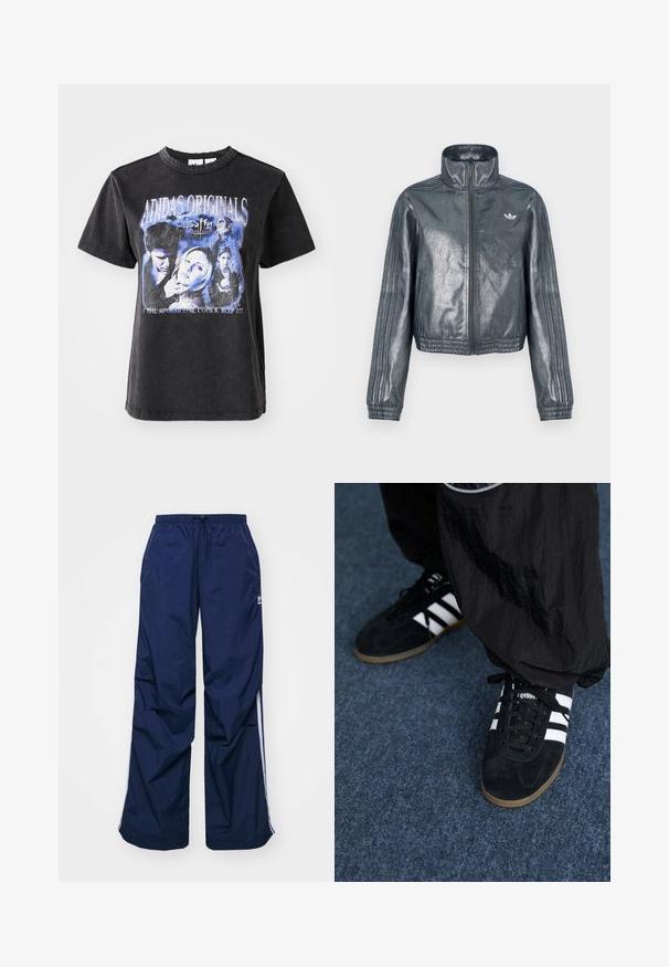 Chaqueta metálica gris con cremallera y cuello alto, puños acanalados y tres rayas en las mangas. Presenta un pequeño emblema en el pecho.; Camiseta de algodón negra de manga corta, con un estampado gráfico lavado de personajes de "Buffy la Cazavampiros" en tonos azules.; Pantalones de color azul marino, ligeros, con cintura elástica y cordón ajustable, con franjas blancas laterales y un pequeño logo en la parte delantera. Diseño de corte holgado.; Zapatillas deportivas de ante negro con tres rayas blancas y cordones negros. Un pantalón negro texturizado es parcialmente visible al lado de las zapatillas.
