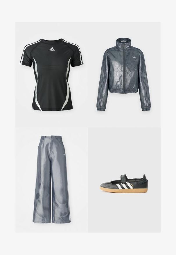 Metalická sivá bunda na zips s vysokým golierom, rebrovanými manžetami a tromi pruhmi na rukávoch. Na hrudi sa nachádza malá embléma.; Čierne športové tričko Adidas s krátkym rukávom, s bielymi pruhmi na ramenách a striebornými zakrivenými akcentmi po stranách.; Široké nohavice z lesklého šedého materiálu, s bielymi bočnými pruhmi a plamenným vzorom na dolnej časti nohavíc. Zapínanie na gombík a zips v páse.; Čierne kožené a zamšové tenisky s Velcro pásikom, s tromi bielymi pruhmi a gumenou podrážkou, označené nápisom "SAMBA" na boku.