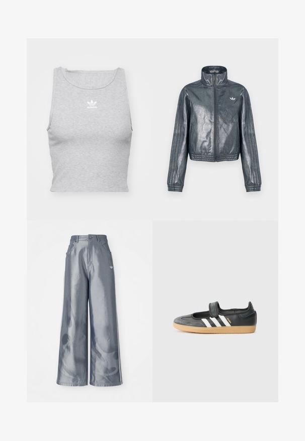 Metallic-graue Jacke mit Reißverschluss, hohem Kragen, gerippten Bündchen und drei Streifen an den Ärmeln. Verfügt über ein kleines Emblem auf der Brust.; Graues, ärmelloses Crop-Top aus weichem Stoff, mit Rundhalsausschnitt und kleinem weißen Adidas-Logo auf der Brust.; Weite Hose aus glänzendem grauem Material, ausgestattet mit weißen seitlichen Streifen und einem Flammenmuster an den Unterschenkeln. Knopf- und Reißverschlussverschluss an der Taille.; Schwarze Leder- und Wildledersneaker mit einem Klettverschluss, ausgestattet mit drei weißen Streifen und einer Gummisohle, beschriftet mit "SAMBA" an der Seite.