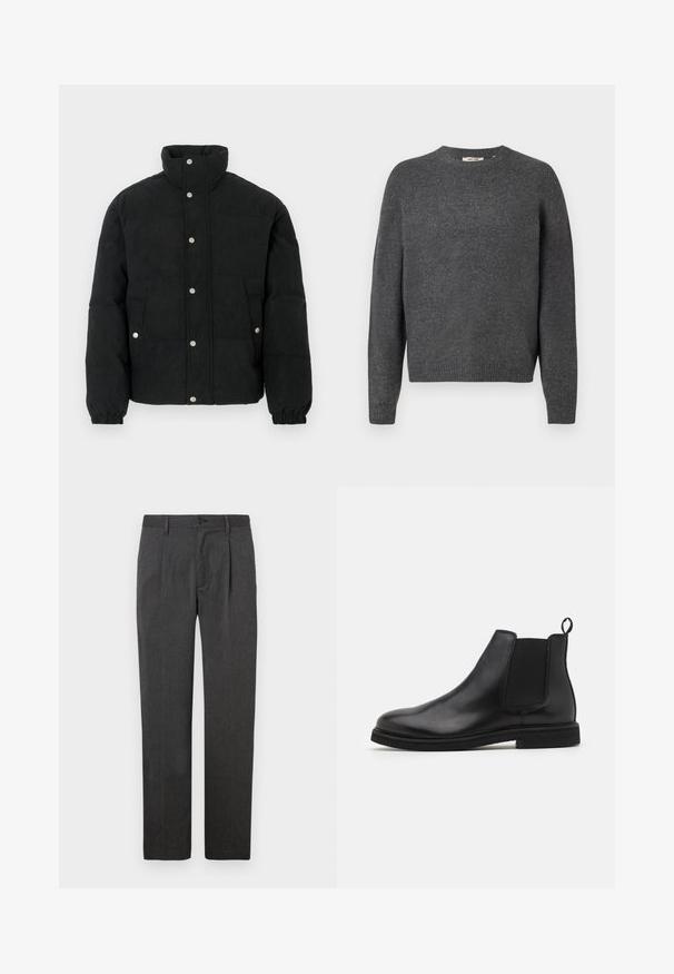 Schwarze Cord-Steppjacke mit hohem Kragen, Druckknopfverschluss vorne, zwei Vordertaschen und elastischen Bündchen für eine eng anliegende Passform.; Dunkelgrauer Pullover aus weichem Strickmaterial, mit Rundhalsausschnitt, langen Ärmeln und geripptem Saum sowie Bündchen. Schlichte Gestaltung, ohne Muster.; Graue maßgeschneiderte Hose mit geradem Bein, ausgestattet mit einer Bügelfalte, Reißverschluss und Knopfverschluss. Glatte Textur, klassisches Design.; Schwarze Leder Chelsea-Stiefel mit elastischen Seitenpanelen und einem Zugtab. Gerundete Zehenpartie und flache Gummisohle, die eine glatte Oberfläche zeigt.