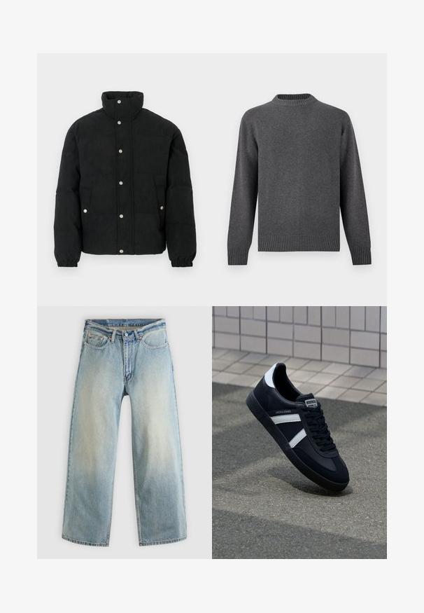 Veste matelassée en velours côtelé noir avec un col montant, une fermeture à boutons-pression, deux poches avant et des poignets élastiques pour un ajustement parfait.; Pull en tricot gris avec un col rond, des manches longues et des bords côtes aux poignets et à l'ourlet. Texture douce avec une finition lisse. Design simple et moderne.; Jean denim bleu clair à jambes larges avec une finition délavée. Comprend un design standard à cinq poches et une fermeture à bouton métallique.; Sneaker en cuir noir avec des rayures blanches, semelle en caoutchouc texturée et devant à lacets. Présente une étiquette de marque sur la languette.