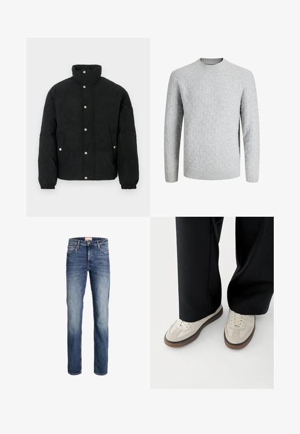 Sort kordfløjls-dunjakke med høj krave, forside med trykknapper, to forlommer og elastiske manchetter for en tætsiddende pasform.; Lysegrå hjemmestrikket sweater med diamantmønster, ribstrikket rund halsudskæring, manchetter og kant, lange ærmer, velegnet til koldt vejr.; Straight-leg blå jeans med let falmning på lår og knæ, frontlukning med knap og lynlås samt femlommesdesign.; Fødder iført beige sneakers med brune såler og sorte bukser med vide ben på hvid baggrund.