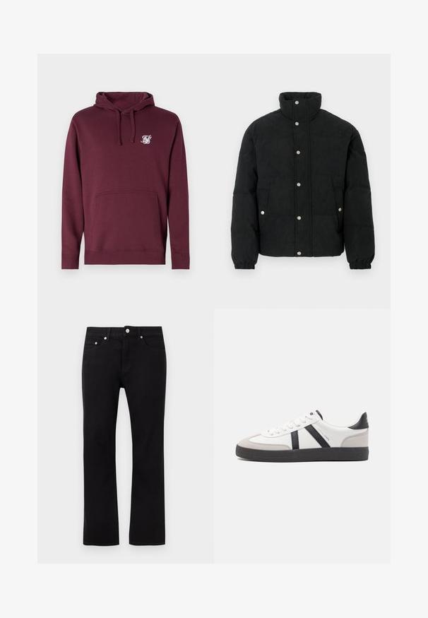 Sort kordfløjls-dunjakke med høj krave, forside med trykknapper, to forlommer og elastiske manchetter for en tætsiddende pasform.; Bordeaux hoodie lavet af blødt stof, med en frontlomme og hætte med snørebånd. Inkluderer et lille hvidt logo på brystet.; Sorte jeans med lige ben, forreste knap, lynlås, bæltestropper og fem-lommer stil på en ensartet lys baggrund.; Hvide sneakers med sorte og grå detaljer, med en tekstureret grå tåhætte, sort gummisål og flade hvide snørebånd. Rent design, minimalistisk stil.