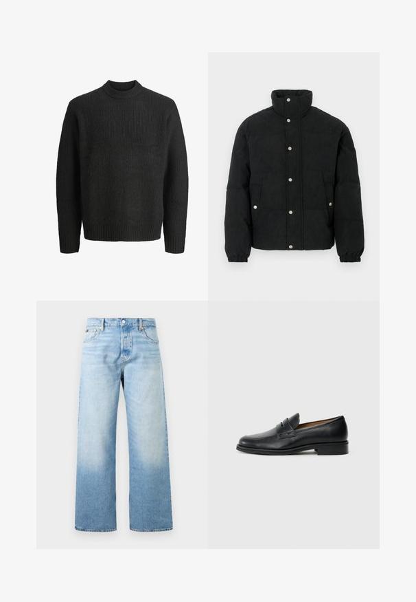 Sort kordfløjls-dunjakke med høj krave, forside med trykknapper, to forlommer og elastiske manchetter for en tætsiddende pasform.; Sort strikket crewneck-sweater med lange ærmer og ribbede manchetter og kant, vist på hvid baggrund.; Lyseblå denimjeans med høj talje, lige brede ben, forlommer samt knap- og lynlåslukning.; Sorte læder loafers med en rund tå, som har en frontrem detalje og en lav, solid hæl. Glat tekstur og elegant design.
