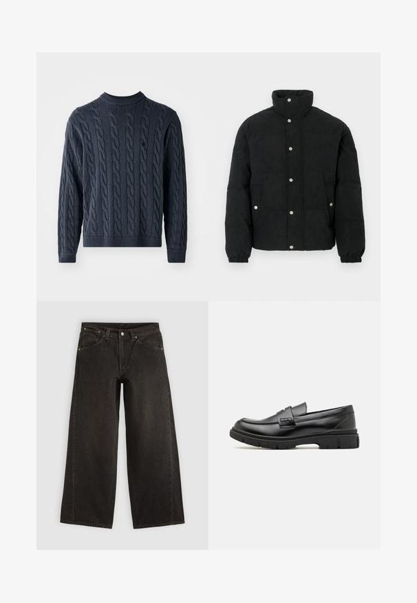 Veste matelassée en velours côtelé noir avec un col montant, une fermeture à boutons-pression, deux poches avant et des poignets élastiques pour un ajustement parfait.; Pull en laine bleu marine tricoté avec un motif en câble, col ras du cou, et poignets et ourlet côtelés. Confectionné dans un tissu texturé pour plus de chaleur.; Jean noir à jambes larges avec poches avant, fermeture par boutons et passants de ceinture, présenté à plat sur un fond clair.; Mocassin en cuir noir avec une large sangle sur le devant, semelle en caoutchouc à épaisse rainure, et texture lisse. Design classique et élégant.