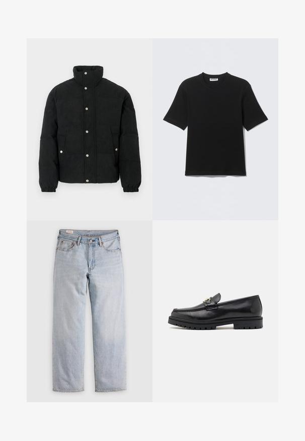 Zwart corduroy pufferjack met een hoge kraag, voorzijde met drukknoopsluiting, twee steekzakken aan de voorkant en elastische manchetten voor een strakke pasvorm.; Zwart T-shirt met korte mouwen en ronde hals, met een label "WEEKDAY" aan de binnenkant van de kraag, plat neergelegd op een lichte achtergrond.; Lichtblauwe rechte jeans met een hoge taille, knoopsluiting en voor- en achterzakken, gepresenteerd op een vlakke ondergrond.; Zwarte leren instappers met een zachte afwerking, ronde neus, een decoratieve band met gouden hardware en een robuuste zwarte zool.