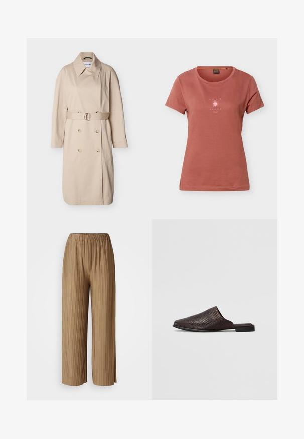 Beige dobbeltradet trenchcoat med bred krave, lange ærmer, bælte med sølvspænde ved taljen og knapdetaljer foran.; Rustfarvet kortærmet T-shirt med rund hals og en lille pink solgrafik med teksten "AMAR EL SOL" på brystet.; Brune, plisserede bukser med bred benvidde og elastisk talje. Fremstillet af letvægtsstof, der har lodrette striber for tekstur og bevægelse.; Sort slip-on mule lavet af tekstureret materiale med et reptilmønster, der har en lav, flad hæl og et afrundet, åbent tådesign.