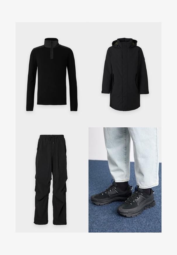 Schwarze wasserdichte Parka mit Kapuze. Merkmale einen geraden Schnitt, seitliche Taschen und eine glatte Textur. Minimalistisches Design ohne sichtbare Muster.; Schwarzer Pullover mit hohem Kragen und einem Viertelreißverschluss. Verfügt über glattes Material und kontrastierende, strukturierte Schulterpaneele.; Schwarze leichte Hosen mit einem elastischen Bund und verstellbarem Kordelzug. Verfügt über Seitentaschen und eine lockere Passform für zusätzlichen Komfort.; Schwarze Sportschuhe aus strukturiertem Stoff mit Gummisohlen, ausgestattet mit elastischen Schnürsenkeln und einem blauen Akzent an der Ferse. Getragen mit hellen Jeans.