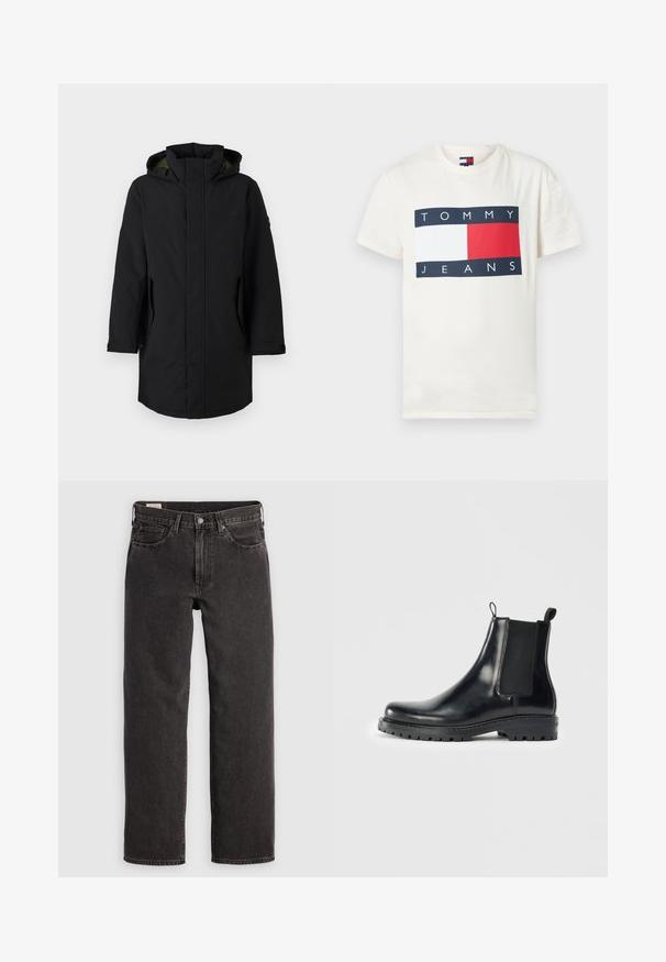 Parka imperméable noire avec capuche. Présente une coupe droite, des poches latérales et une texture lisse. Design minimaliste sans motifs visibles.; T-shirt en coton couleur crème présentant un graphique rectangulaire avec les mots "TOMMY" et "JEANS" sur un fond bleu marine, avec un bloc rouge et blanc.; Jeans en denim noir avec une coupe droite, cinq poches et des tringles métalliques. Le tissu présente une légère texture et une finition unie.; Bottes Chelsea en cuir noir avec des panneaux élastiques sur les côtés, une languette pour un enfilage facile et une semelle en caoutchouc robuste avec une adhérence texturée.