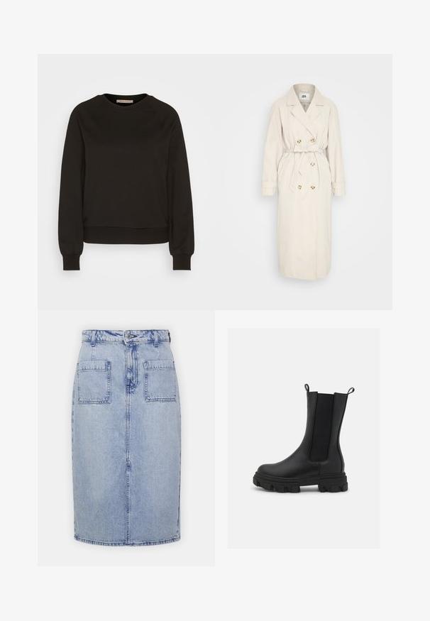 Beige värvi trench-jope, mis on valmistatud siledast kangast, kahekordse nööprealisega, vöödega taljes ja nööbikaunistustega. Pikad varrukad koos mansettide detailiga.; Must-Black särgid, millel on ümmargune kaelus, pikad raglan-sleevad, elastsed mansetid ja kohandatud hem. Valmistatud pehmest kangast, minimalistlik disain.; Heled sinise värviga teksaseelik, sirge lõikega, ees nupplukuga ja kahe tagumise taskuga, millel on nähtavad õmblused.; Mustad mustad Chelsea saapad, millel on nahast ja elastsetest kangast valmistatud ülaosa, silmapaistva mustriga paks kummitald ja tõmblauad mugavaks selga panemiseks.