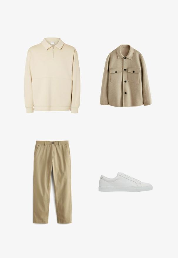 Beige Wollmischung-Jacke mit Kragen, zwei Fronttaschen, schwarzen Knöpfen und einer lockeren Passform. Weicher Griff und klares Design.; Beiger Pullover-Sweatshirt aus weichem Stoff mit einem Reißverschluss am Hals, einem Kragen und einem lässigen Schnitt mit einfachen horizontalen Nahtdetails.; Beige Hose aus Baumwollgemisch mit Knopfverschluss, zwei Fronttaschen und geraden Beinen mit minimaler Textur.; Reiss REGULAR FIT - LUCA TUMBLED - Sneaker low - white
