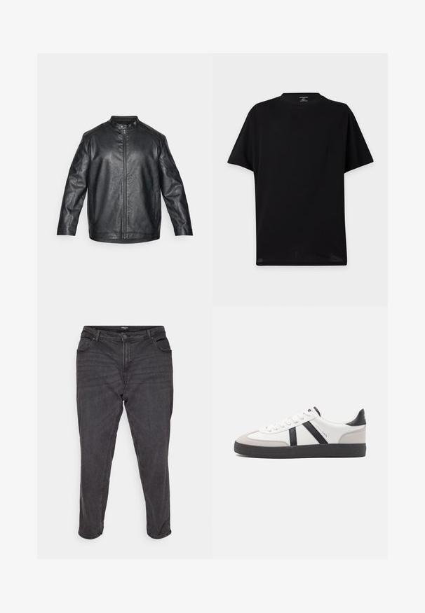 Schwarze Lederjacke mit Mandarin-Kragen, Frontreißverschluss und sichtbaren Nähdetails; bietet einen lässigen Schnitt und lange Ärmel.; Schlichtes schwarzes T-Shirt mit kurzen Ärmeln und Rundhalsausschnitt ohne sichtbare Logos oder Designs, dargestellt vor hellem Hintergrund.; Schwarze Denim-Jeans mit geradem Schnitt, ausgestattet mit einem Knopfverschluss, seitlichen Taschen und dezenten Verwaschungen, die einen klassischen Look verleihen.; Weiße Sneaker mit schwarz- und grau-aczenten, ausgestattet mit einer strukturierten grauen Zehenkappe, schwarzer Gummi-Sohle und flachen weißen Schnürsenkeln. Sauberes Design, minimalistische Stil.