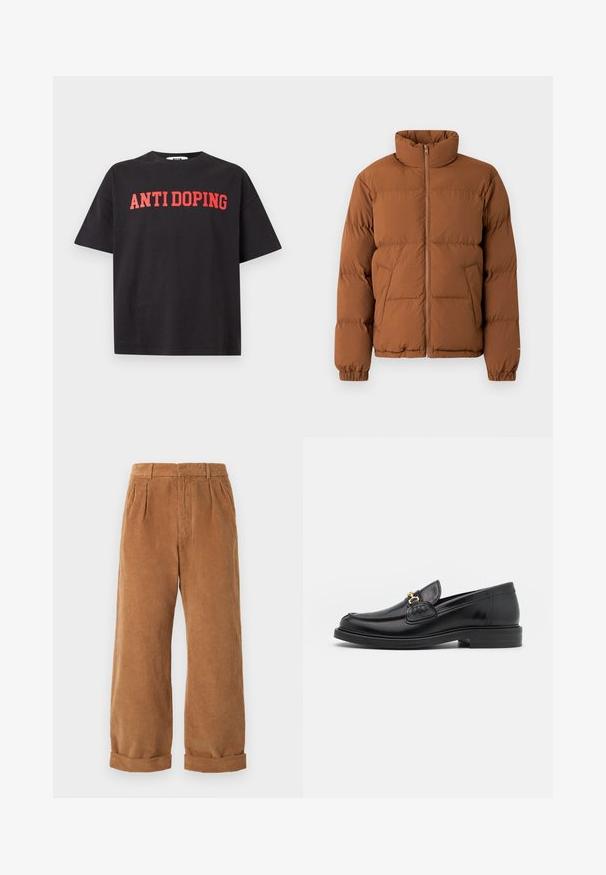 Veste matelassée marron avec un col haut, fermeture éclair sur toute la longueur, poignets côtelés et deux poches latérales. Elle présente un design matelassé pour plus de chaleur.; T-shirt noir à manches courtes avec le texte rouge "ANTI DOPING" imprimé sur la poitrine, présenté sur un fond clair uni.; Pantalons en velours côtelé marron avec une coupe évasée, dotés de plis à l'avant et de ourlets retroussés. Le tissu a un aspect texturé et côtelé.; Mocassins en cuir noir avec un embout rond, présentant des accents en métal doré et des détails de couture, montés sur une semelle en caoutchouc texturé et basse.