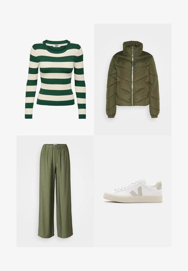 Φούτερ τζάκετ σε ελαιόλαδο χρώμα, με ψηλό γιακά, μπροστινό φερμουάρ και σχέδιο σε καρό τύπου Chevron. Οι μανσέτες και το στρίφωμα είναι ελαστικά.; Πράσινη και κρεμ ριγέ, ριγωτή ζακέτα μακρυμάνικη με στρογγυλή λαιμόκοψη και εφαρμοστή γραμμή, με διαφοροποιημένη υφή πλέξης.; Ελαιοπράσινοι παντελόνες με φαρδύ πόδι και ελαστική μέση. Φτιαγμένες από μαλακό, ελαφρύ ύφασμα. Διαθέτουν ρέουσα πτώση και ελάχιστη ραφή.; Λευκά αθλητικά παπούτσια από δέρμα με γκρι λογότυπο V, υφασμένος καουτσούκ σόλα, λευκές χορδές, και μαξιλαρωμένο μπροστινό μέρος και κολάρο.