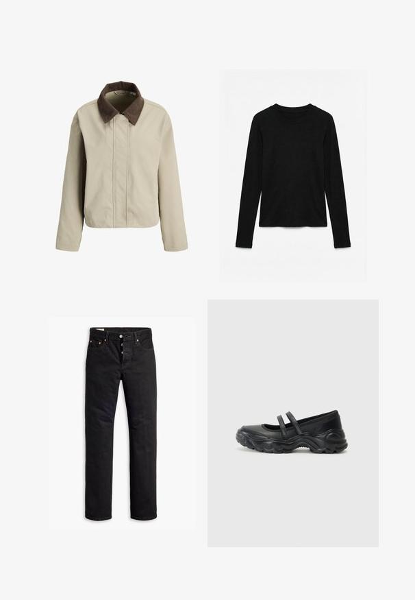 Veste beige avec fermeture éclair avant et boutons, dotée d'un col en velours côtelé marron contrastant et de manches longues.; Haut noir à manches longues en maille côtelée avec encolure ronde, posé à plat sur fond blanc.; Jean en denim noir à coupe droite, avec un design à cinq poches et une fermeture éclair à boutons. Présente des rivets en cuivre et des accents de broderie.; Ballerines noires en cuir avec deux brides réglables, un bout rond et une semelle en caoutchouc texturé pour une meilleure adhérence.