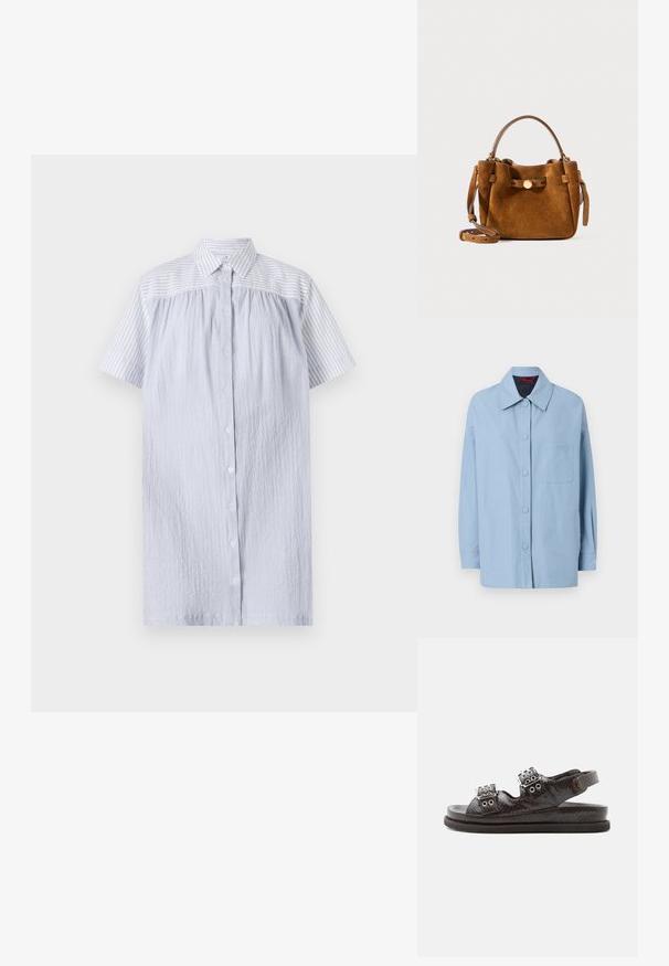 Lyseblå jakke lavet af bomuld, med en spids krave, frontknapper, påsyet lomme og lange ærmer. Enkel design med minimale accenter.; PS Paul Smith WOMENS DRESS - Skjortekjole - blue; Sort tekstureret lædersandal med to justerbare sølvspænder, åben tå og en bagrem på en flad sål.; Brun ruskind taske med en rund form, korte håndtag og en aftagelig strop. Udsmykket med en guldfarvet knap og firkantede lapper.
