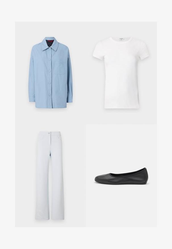 Lyseblå jakke lavet af bomuld, med en spids krave, frontknapper, påsyet lomme og lange ærmer. Enkel design med minimale accenter.; Hvid, stribet T-shirt med kortærmer og rund hals. Stoffet ser glat ud med en tætsiddende silhuet. Brandingmærke synligt ved kraven.; Lysblå brede bukser lavet af blød stof, med lukning foran med knap, bæltesløjfer og to sidelommer. Glat tekstur og enkelt design.; Sort læderballetsko med rund tå, glat tekstur, minimal syning og et fleksibelt såldesign.