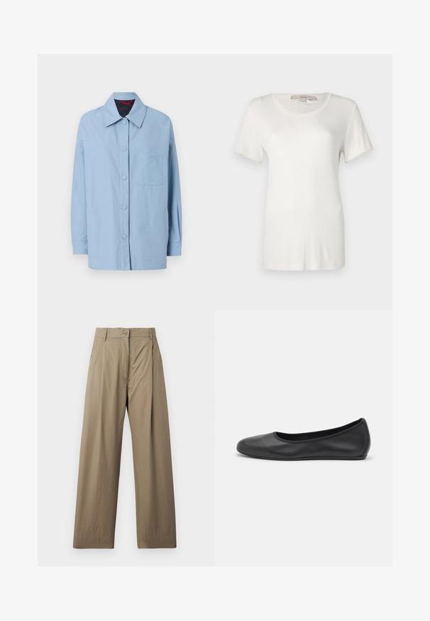 Chaqueta azul clara de algodón, con cuello puntiagudo, botones frontales, bolsillo de parche y mangas largas. Diseño simple con mínimas acentuaciones.; Camiseta blanca de manga corta hecha de algodón suave y elástico. Presenta un escote redondo y una textura lisa y uniforme sin patrones visibles.; Pantalones de pierna ancha en caqui, confeccionados con una mezcla de algodón, que cuentan con cierre de botón, bolsillos laterales y una textura suave con un ligero brillo.; Bailarina de piel negra con punta redondeada, textura suave, detalle de costura minimalista y diseño de suela flexible.