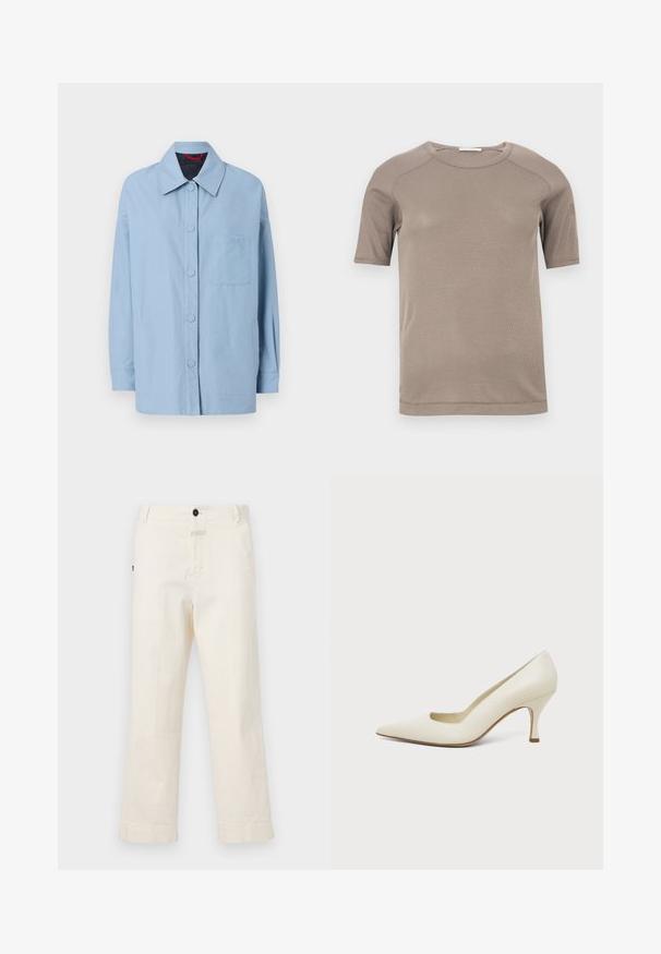 Hellblaues Jacket aus Baumwolle mit spitzem Kragen, vorderem Knopfverschluss, aufgesetzter Tasche und langen Ärmeln. Schlichtes Design mit minimalen Akzenten.; Beiges, kurzärmeliges, geripptes T-Shirt mit Rundhalsausschnitt und sichtbaren Nähten an Ärmel und Kragen, flach auf einem weißen Hintergrund liegend.; Beige Baumwollhosen mit geradem Bein, ausgestattet mit einem Knopfverschluss vorne und einer Tasche mit einem runden Knopf als Akzent.; Cremefarbener Leder-Pumps mit spitzer Schuhspitze und schlankem mittelhohem Absatz auf schlichtem hellem Hintergrund.