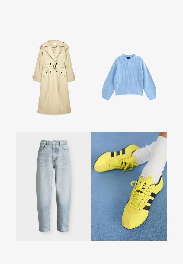Beige trenchcoat lavet af letvægtsstof. Har dobbeltradet front, bælte i taljen, skulderstropper og to lommer.; Lyseblå strikket sweater med rund halsudskæring, ribbet tekstur og lange ballonærmer. Kant og ærmegab er let ribbede.; Lyseblå cowboybukser med højtaljet, lige ben og svage slidmærker. Har forlommer og klassisk lukning med metal knap.; Lys gule atletiksko med sorte striber og snørebånd; har en struktureret overdel og suedefornum. Brugt med hvide ribbede sokker.