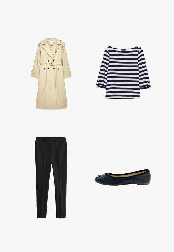 Beige trenchcoat gemaakt van lichtgewicht stof. Heeft een dubbele rij knopen aan de voorkant, een gespsluiting in de taille, schouderepauletten en twee zakken.; Marineblauw en witte gestreepte longsleeve top met een bootnek en gouden knoopaccenten op de opgerolde mouwen. Zachte stof, relaxte pasvorm.; Zwarte broek van gladde stof, met een getailleerde pasvorm, voorplooien en lussen voor een riem, voorzien van zij- en achterzakken.; Zwarte leren balletschoenen met een ronde neus, strikdetail aan de voorkant en een zachte binnenvoering. Platte zool met minimale verhoging.
