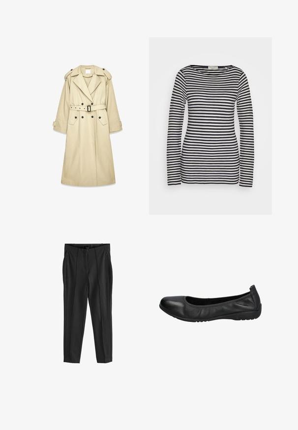 Beiger Trenchcoat aus leichtem Stoff. Verfügt über eine doppelte Knopfleiste, taillierten Gürtel, Schulterklappen und zwei Taschen.; Langarmshirt aus Baumwolle mit horizontalen marineblauen und weißen Streifen, Rundhalsausschnitt, schmaler Schnitt, mit glatter Textur und minimalistischem Design.; Schwarze Hose mit glatter Textur, ausgestattet mit vorderen Reißverschlusstaschen und ausgeprägten Falten. Minimalistisches Design mit taillierter Passform.; Schwarze Leder-Ballettschuhe mit einer runden Spitze, glatter Textur und einem leicht elastischen Rand für zusätzlichen Komfort. Gummisohle für besseren Halt.