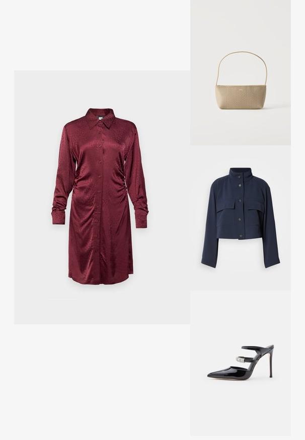 Marineblaue, kurze Jacke mit langen Ärmeln, hohem Kragen, vorderer Knopfleiste und zwei großen Klappentaschen auf der Brust.; Burgunderfarbiges Satin-Hemdkleid mit langen Ärmeln, Knopfleiste, Kragen, seitlicher Raffung und subtilem Texturmuster.; Schwarze Lackleder-High-Heel-Mules mit spitzer Zehenpartie, zwei Riemen über dem Fuß, einer mit Strass verziert, auf einem weißen Hintergrund.; Beige gewebte Handtasche mit dünnem Schulterriemen und kleinem goldenen "BOSS" Logo vorne, vor weißem Hintergrund präsentiert.
